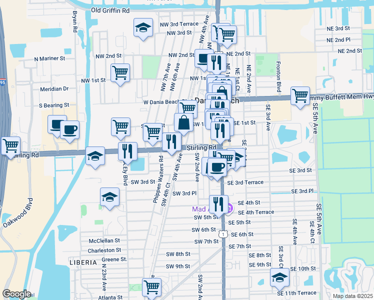 map of restaurants, bars, coffee shops, grocery stores, and more near in Dania Beach