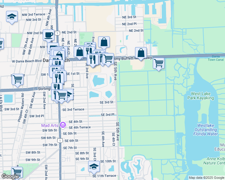 map of restaurants, bars, coffee shops, grocery stores, and more near 190 Southeast 5th Avenue in Dania Beach