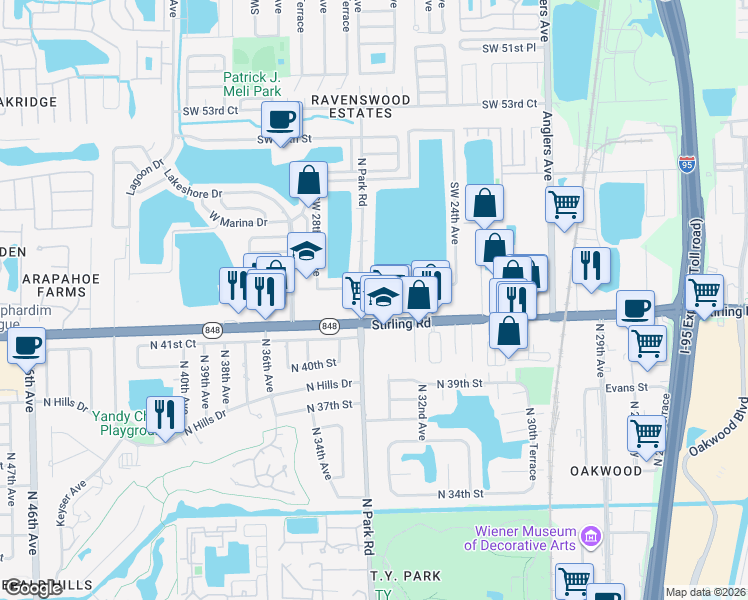 map of restaurants, bars, coffee shops, grocery stores, and more near 5840 North Park Road in Fort Lauderdale