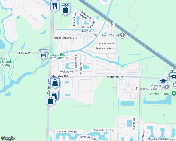 map of restaurants, bars, coffee shops, grocery stores, and more near 305 Riverwood Road in Naples