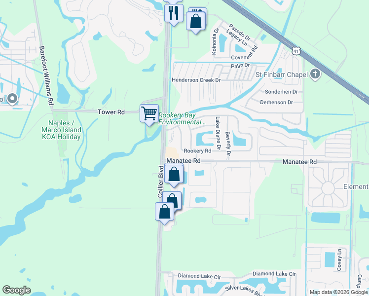 map of restaurants, bars, coffee shops, grocery stores, and more near 59 Twin Palms Drive in Naples
