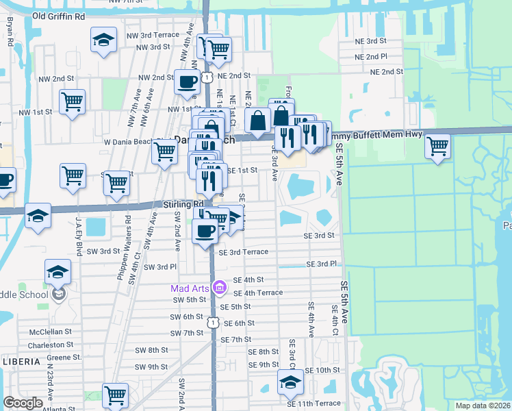 map of restaurants, bars, coffee shops, grocery stores, and more near 215 Southeast 2nd Court in Dania Beach