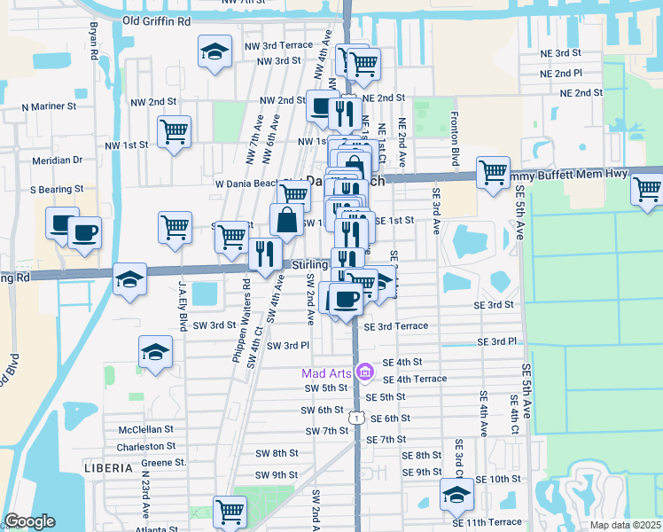map of restaurants, bars, coffee shops, grocery stores, and more near 141 Southwest 1st Court in Dania Beach