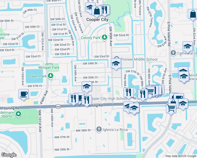 map of restaurants, bars, coffee shops, grocery stores, and more near 9041 Southwest 55th Court in Cooper City