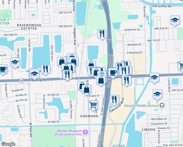 map of restaurants, bars, coffee shops, grocery stores, and more near 1975 Stirling Road in Dania Beach
