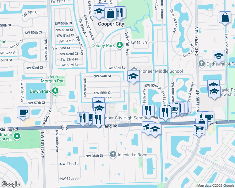 map of restaurants, bars, coffee shops, grocery stores, and more near 9020 Southwest 55th Court in Cooper City