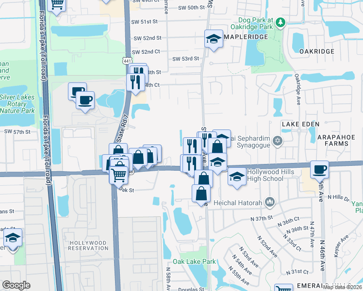 map of restaurants, bars, coffee shops, grocery stores, and more near 4131 Stirling Road in Davie