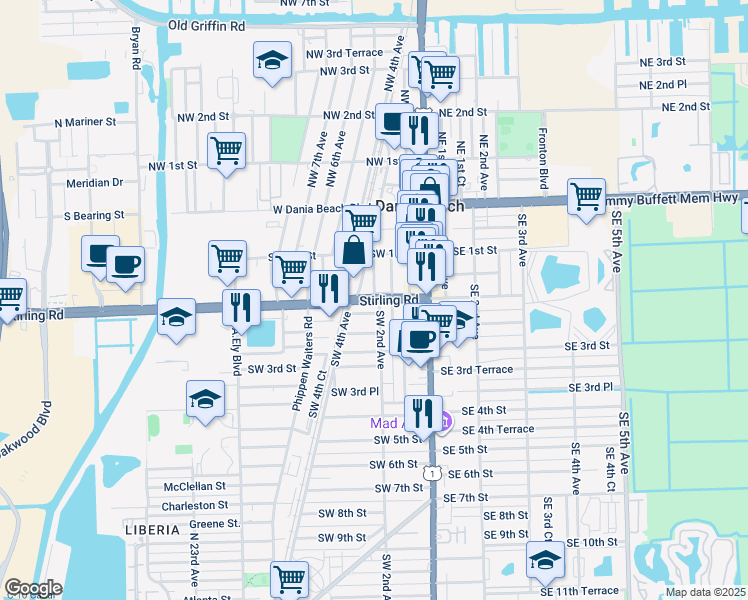 map of restaurants, bars, coffee shops, grocery stores, and more near in Dania Beach