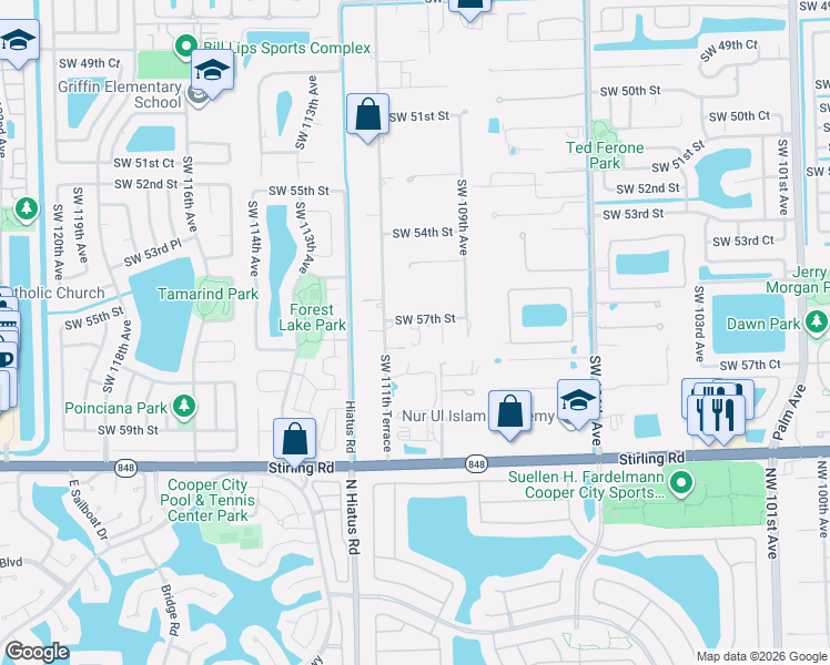 map of restaurants, bars, coffee shops, grocery stores, and more near 11050 Southwest 57th Street in Davie