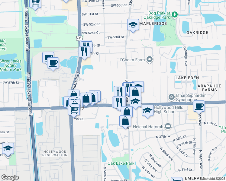 map of restaurants, bars, coffee shops, grocery stores, and more near 4131 Stirling Road in Davie