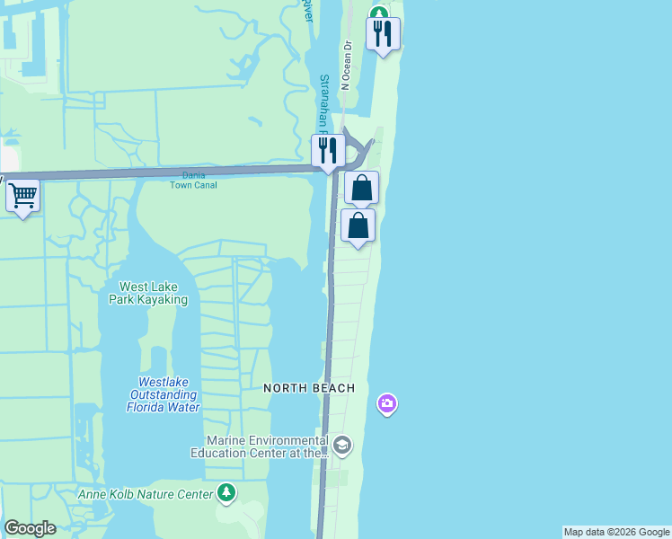 map of restaurants, bars, coffee shops, grocery stores, and more near 5600 North Ocean Drive in Hollywood