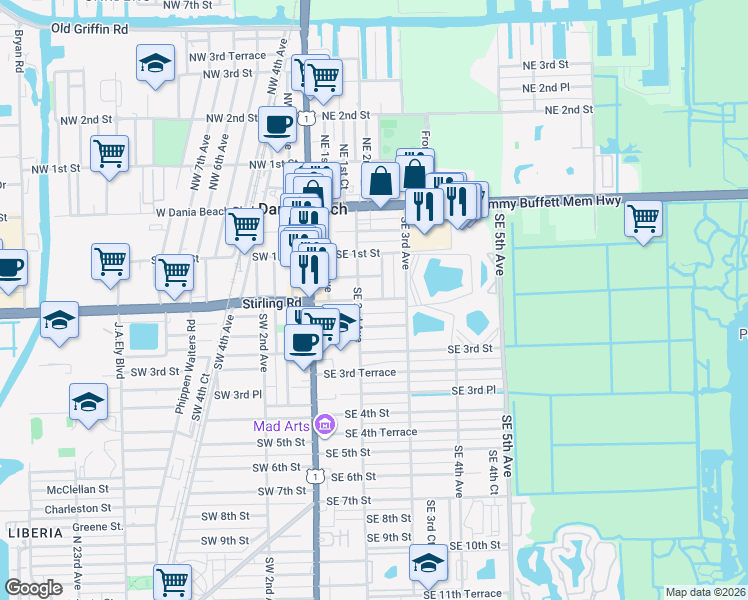 map of restaurants, bars, coffee shops, grocery stores, and more near 215 Southeast 2nd Court in Dania Beach