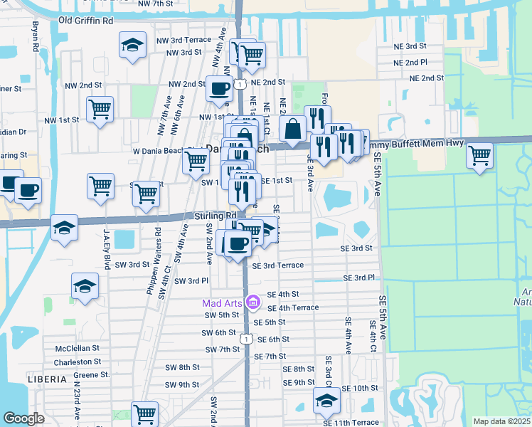 map of restaurants, bars, coffee shops, grocery stores, and more near 115 Southeast 2nd Street in Dania Beach