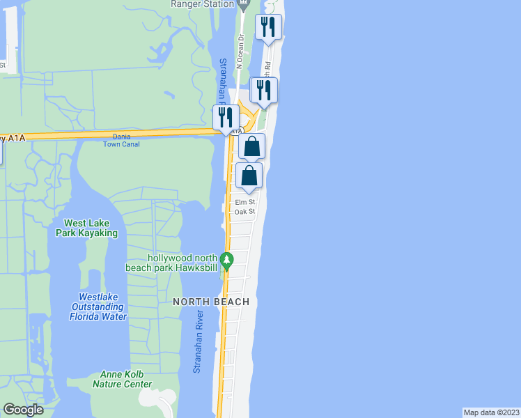 map of restaurants, bars, coffee shops, grocery stores, and more near 5505 North Surf Road in Hollywood