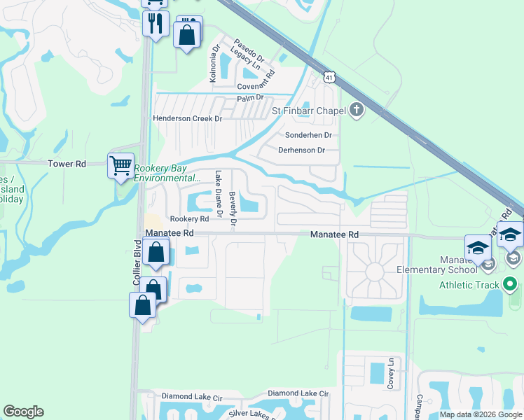 map of restaurants, bars, coffee shops, grocery stores, and more near 305 Riverwood Road in Naples