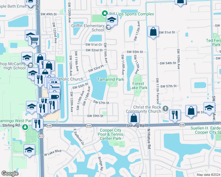 map of restaurants, bars, coffee shops, grocery stores, and more near 11538 Southwest 55th Court in Cooper City