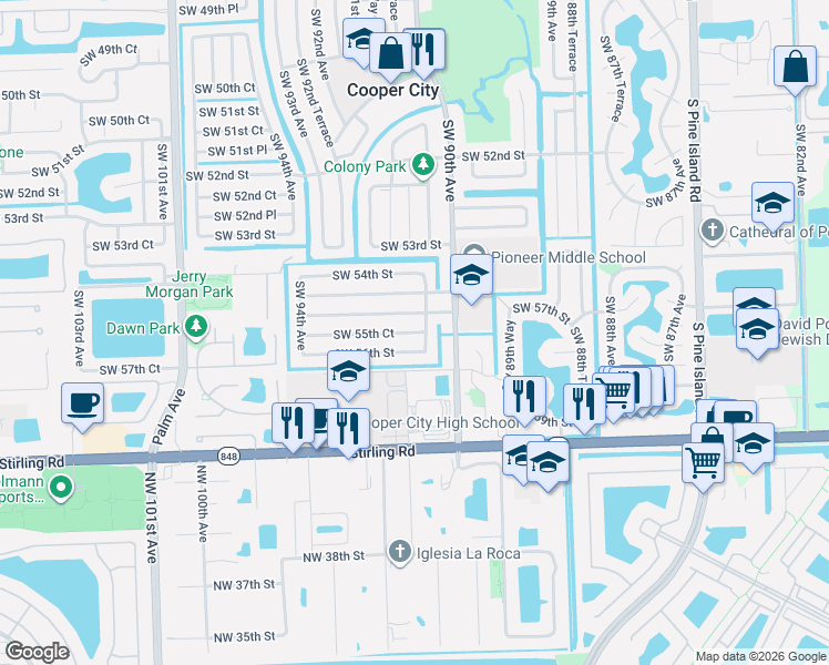 map of restaurants, bars, coffee shops, grocery stores, and more near 9022 Southwest 55th Court in Cooper City