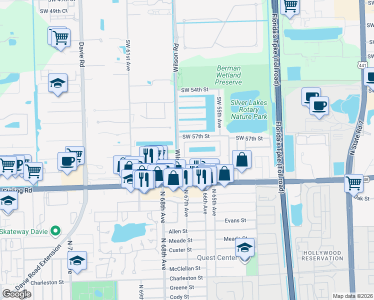 map of restaurants, bars, coffee shops, grocery stores, and more near 5800 Southwest 57th Way in Davie