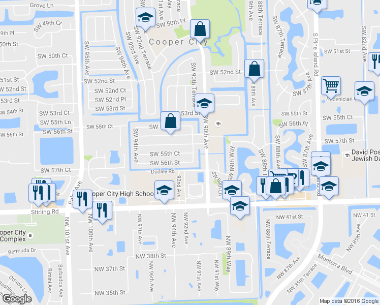 map of restaurants, bars, coffee shops, grocery stores, and more near 9022 Southwest 55th Court in Cooper City