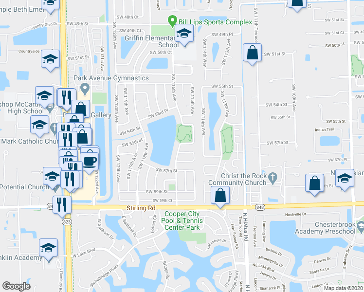 map of restaurants, bars, coffee shops, grocery stores, and more near 11534 Southwest 55th Court in Cooper City