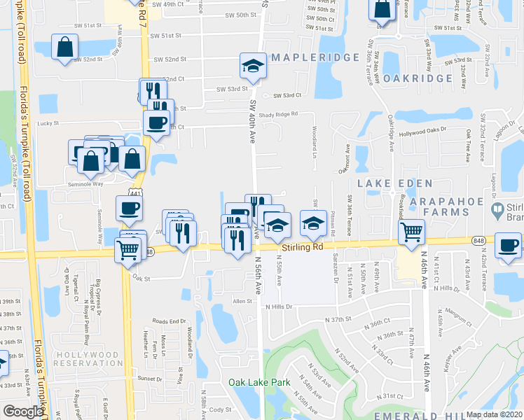 map of restaurants, bars, coffee shops, grocery stores, and more near 5848 Southwest 40th Avenue in Fort Lauderdale