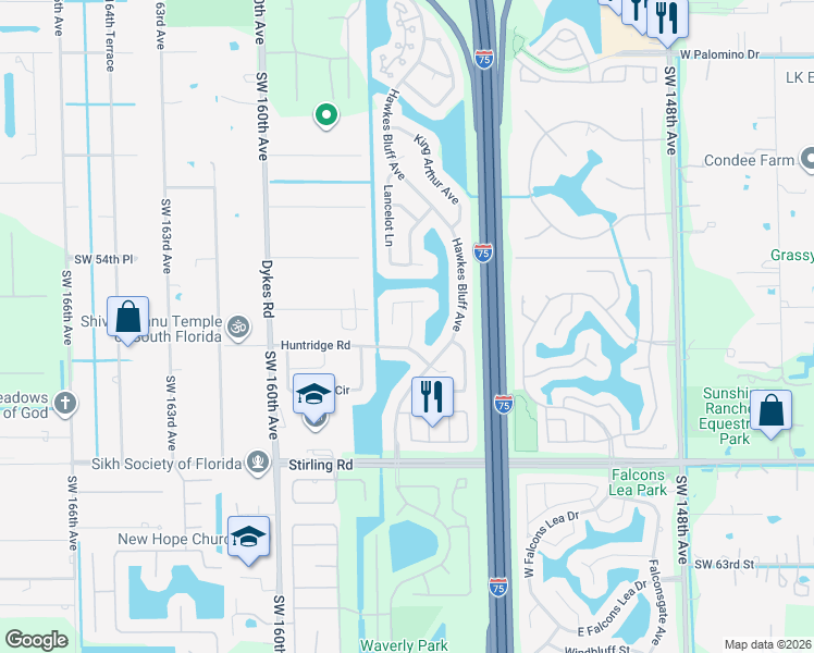 map of restaurants, bars, coffee shops, grocery stores, and more near 5641 Thistledown Terrace in Davie