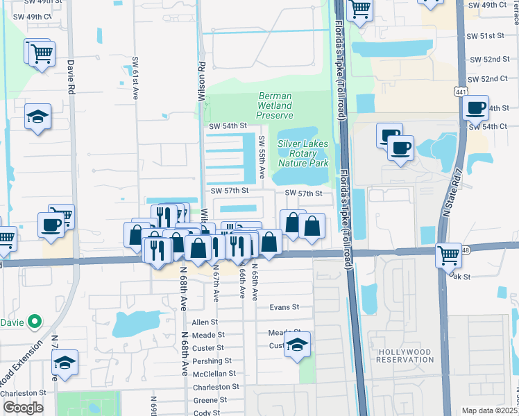 map of restaurants, bars, coffee shops, grocery stores, and more near 5801 Southwest 55th Avenue in Davie