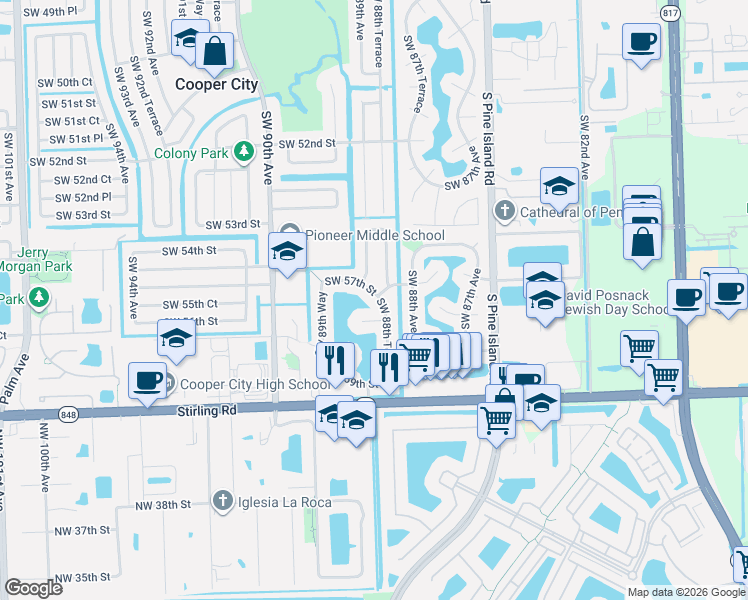map of restaurants, bars, coffee shops, grocery stores, and more near 5701 Southwest 88th Terrace in Cooper City