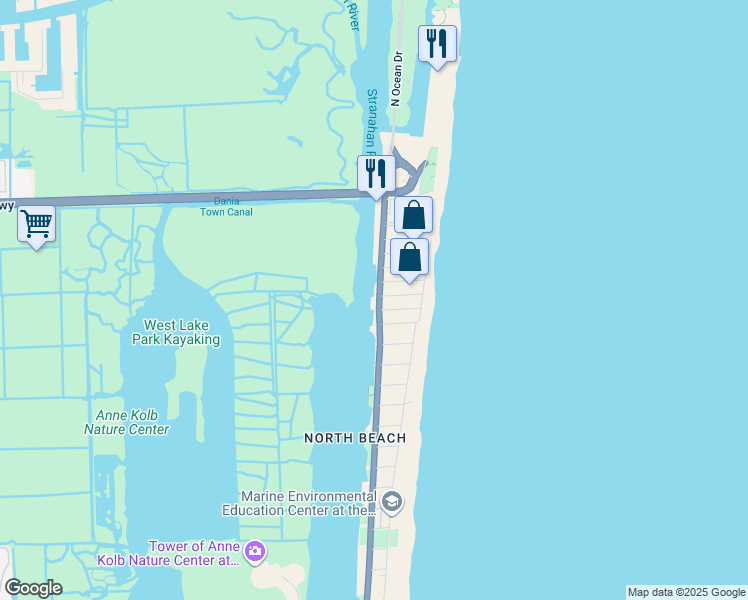 map of restaurants, bars, coffee shops, grocery stores, and more near 5600 North Ocean Drive in Hollywood