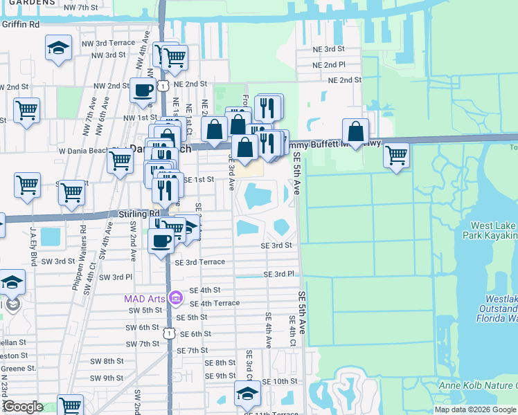 map of restaurants, bars, coffee shops, grocery stores, and more near 131 Southeast 3rd Avenue in Dania Beach