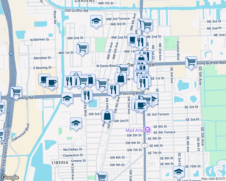map of restaurants, bars, coffee shops, grocery stores, and more near 145 Southwest 5th Court in Dania Beach