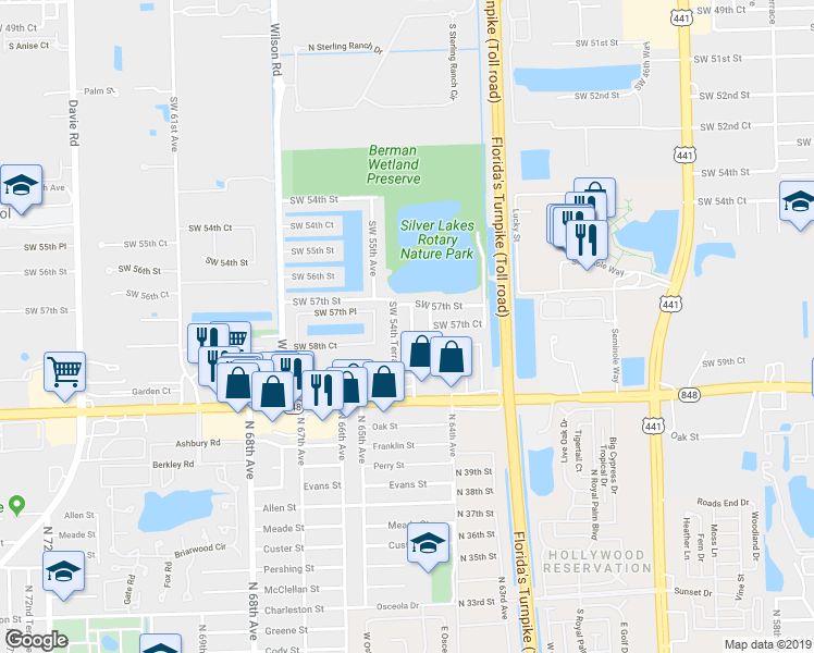 map of restaurants, bars, coffee shops, grocery stores, and more near 5731 Southwest 54th Avenue in Davie