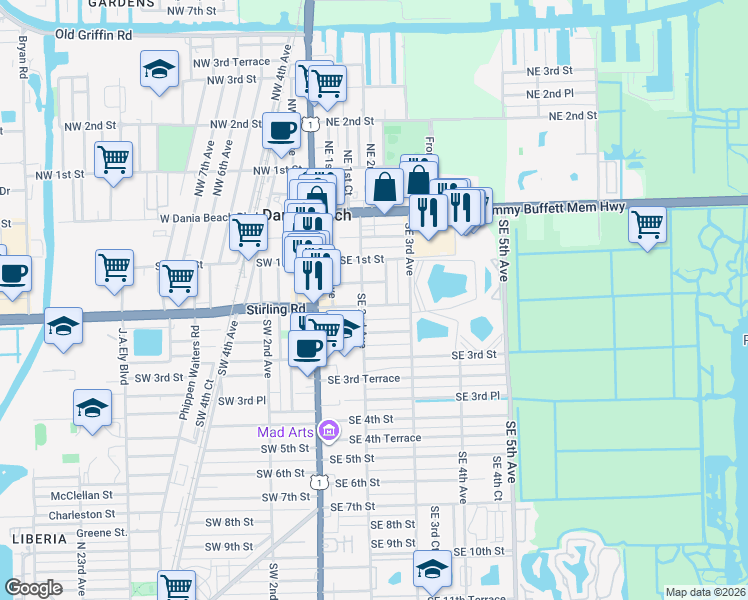 map of restaurants, bars, coffee shops, grocery stores, and more near 211 Southeast 2nd Street in Dania Beach