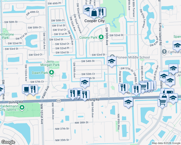 map of restaurants, bars, coffee shops, grocery stores, and more near 9161 Southwest 55th Court in Cooper City