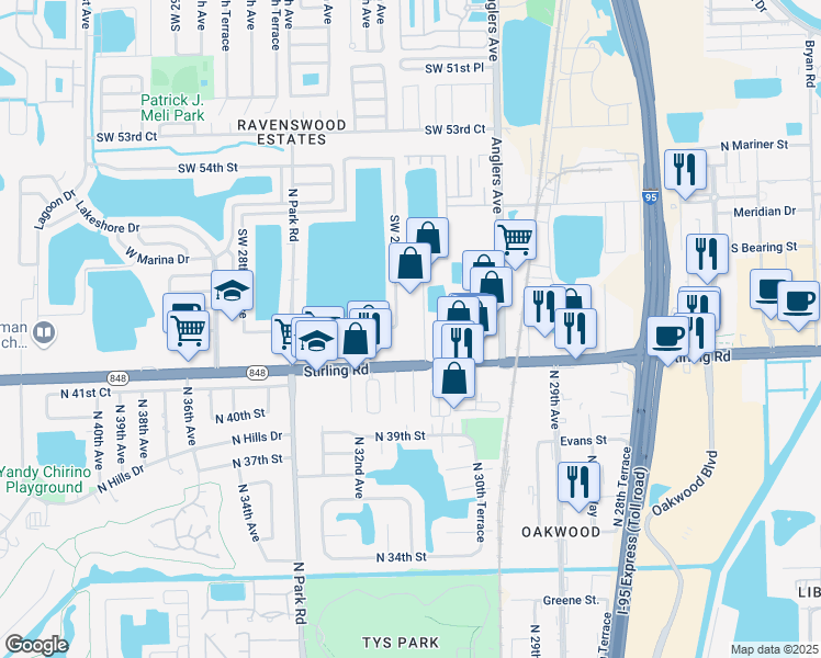 map of restaurants, bars, coffee shops, grocery stores, and more near 2301 Stirling Road in Fort Lauderdale