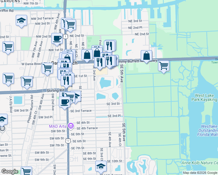 map of restaurants, bars, coffee shops, grocery stores, and more near 131 Southeast 3rd Avenue in Dania Beach