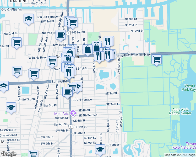 map of restaurants, bars, coffee shops, grocery stores, and more near 141 Southeast 3rd Avenue in Dania Beach