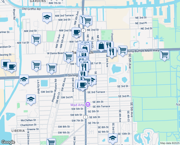 map of restaurants, bars, coffee shops, grocery stores, and more near 115 Southeast 2nd Street in Dania Beach