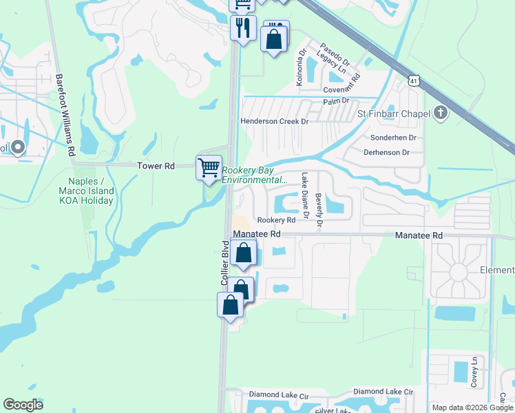 map of restaurants, bars, coffee shops, grocery stores, and more near 59 Twin Palms Drive in Naples
