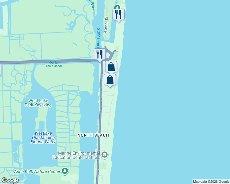 map of restaurants, bars, coffee shops, grocery stores, and more near 5505 North Surf Road in Hollywood