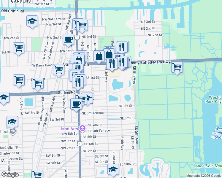 map of restaurants, bars, coffee shops, grocery stores, and more near 141 Southeast 3rd Avenue in Dania Beach