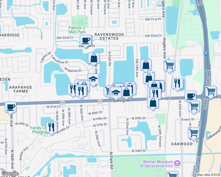 map of restaurants, bars, coffee shops, grocery stores, and more near 5840 North Park Road in Fort Lauderdale