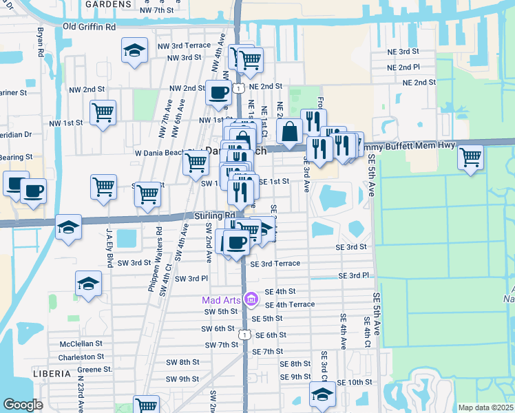 map of restaurants, bars, coffee shops, grocery stores, and more near 115 Southeast 2nd Street in Dania Beach