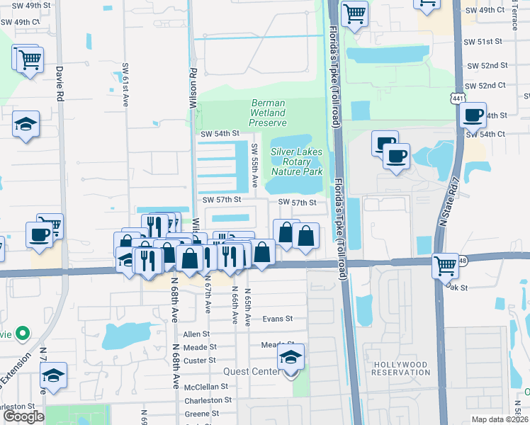 map of restaurants, bars, coffee shops, grocery stores, and more near 5801 Southwest 55th Avenue in Davie