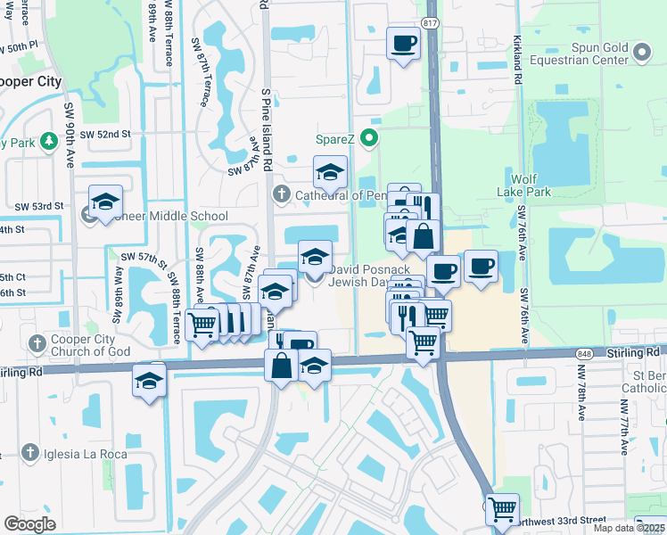 map of restaurants, bars, coffee shops, grocery stores, and more near 5701 Southwest 82nd Avenue in Davie