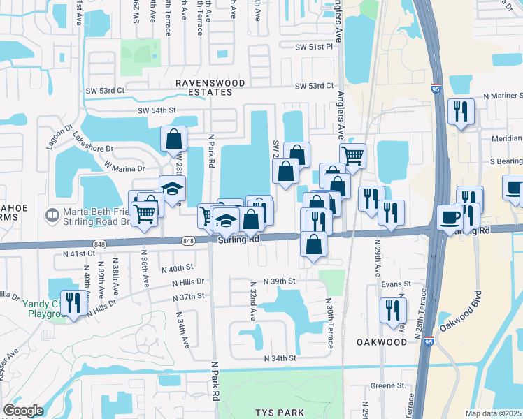 map of restaurants, bars, coffee shops, grocery stores, and more near 2448 Southwest 58th Manor in Fort Lauderdale
