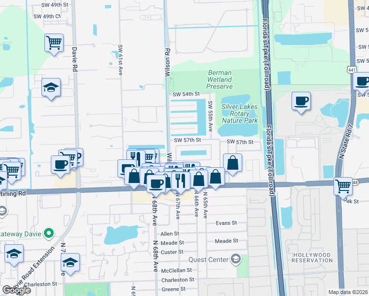 map of restaurants, bars, coffee shops, grocery stores, and more near 5800 Southwest 57th Way in Davie