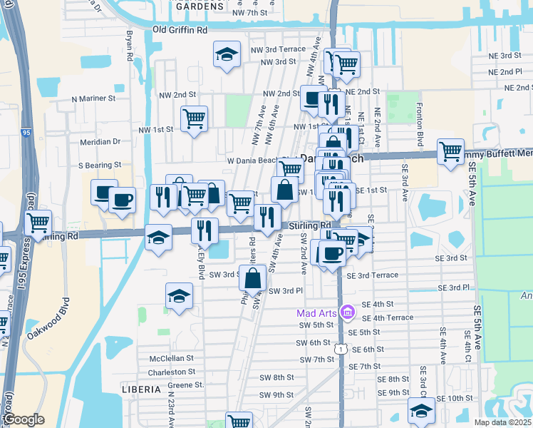 map of restaurants, bars, coffee shops, grocery stores, and more near 145 Southwest 5th Court in Dania Beach