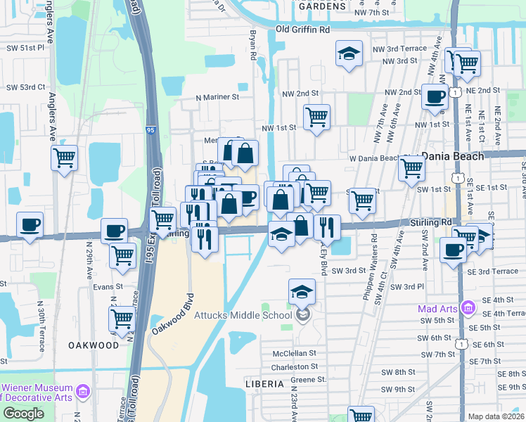 map of restaurants, bars, coffee shops, grocery stores, and more near in Dania Beach