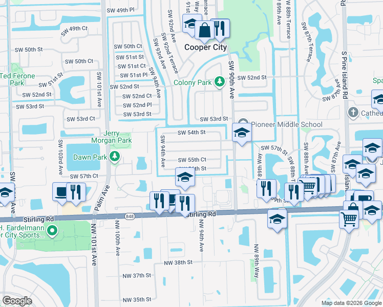 map of restaurants, bars, coffee shops, grocery stores, and more near 9161 Southwest 55th Court in Cooper City
